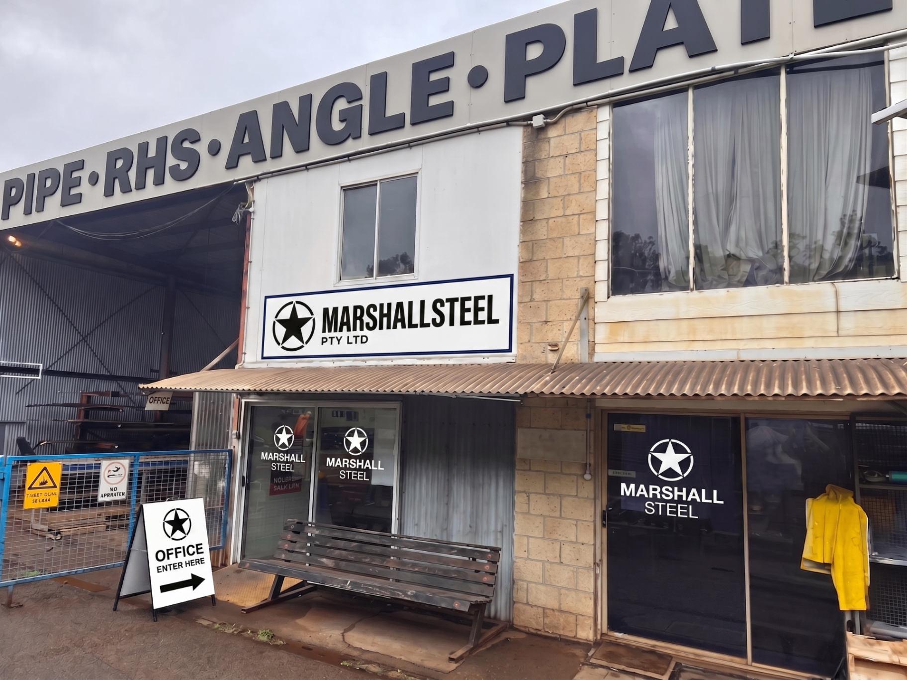 Marshall Steel office shopfront at 9 Stevenson Court, Burleigh Heads — drop in, the office entrance is signposted