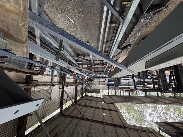 Close-up of a fabricated steel frame under construction at the Marshall Steel workshop